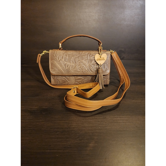 Hazelnut Brown Sunflower Embossed Tooled Artisan LEATHER Crossbody Handbag Purse - Picture 14 of 14